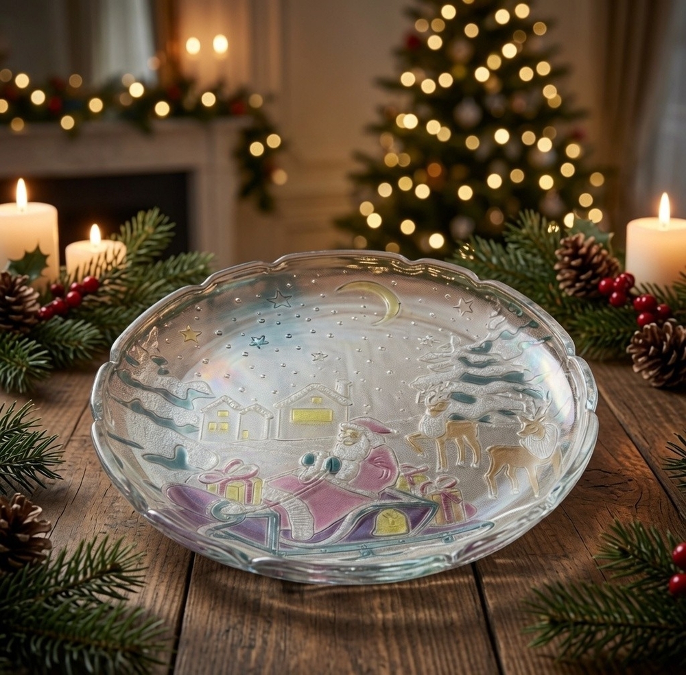 Vintage Crystal Clear Studios Sleigh Bells Santa Christmas Glass Plate NIB